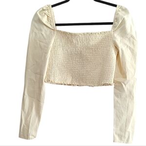 ASOS Cream Smocked Square Neckline Long Sleeve Crop Top